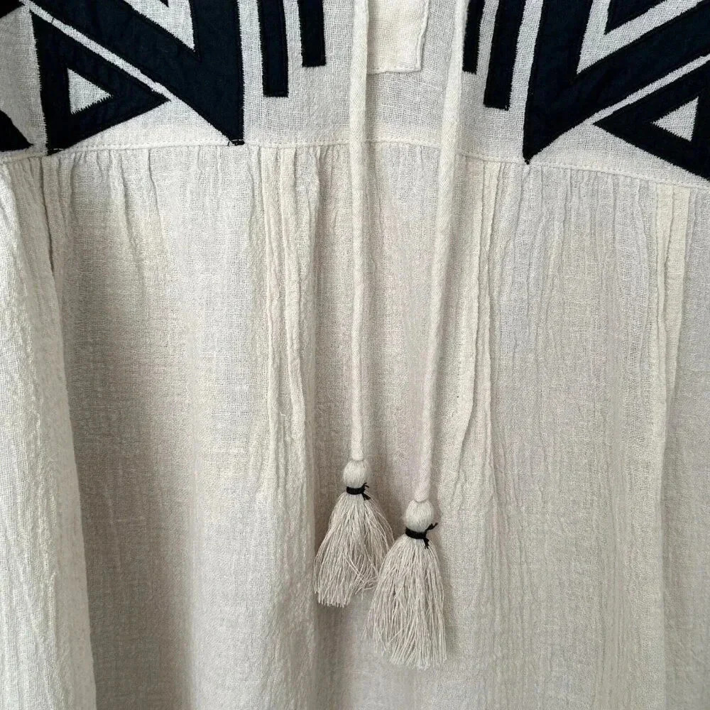 See And Be Seen Top Womens Small Cream Black Gauzy Geometric Peasant Boho Blouse - Picture 11 of 16